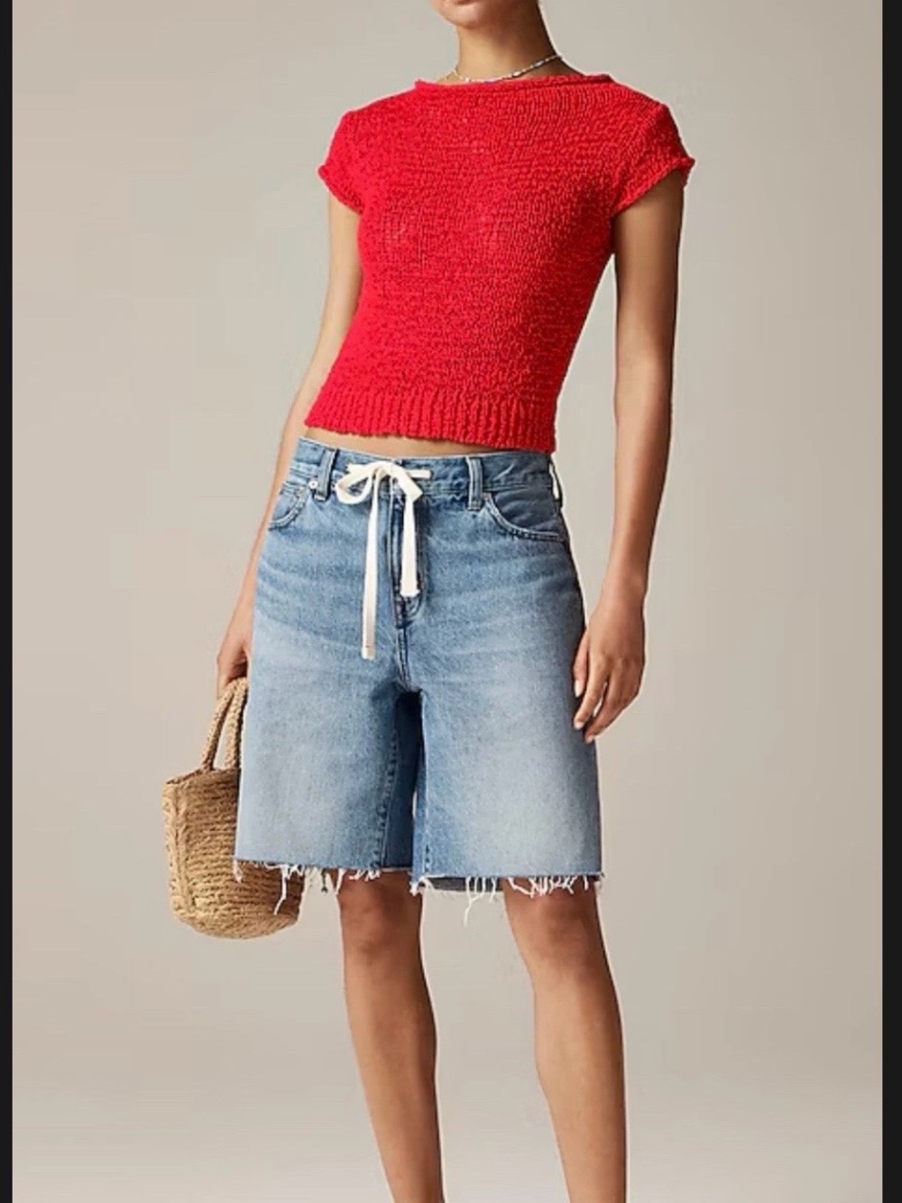 J. Crew Red Knit Top with Light Blue Denim Bermuda Shorts